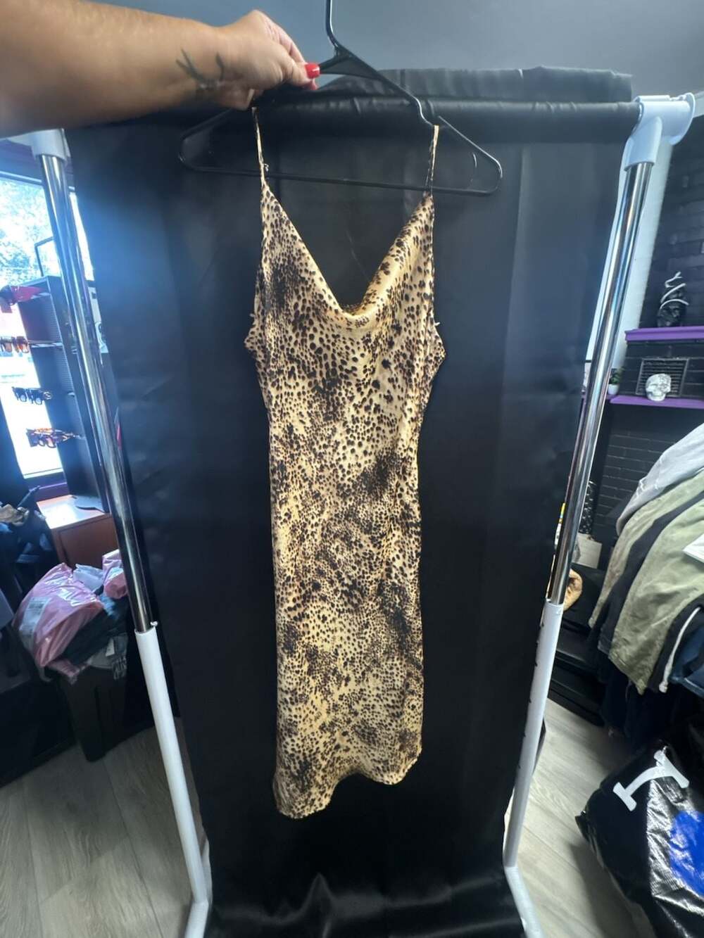 We're All Pretty Girls Leopard Print Satin Cowl Neck Slip Midi Dress